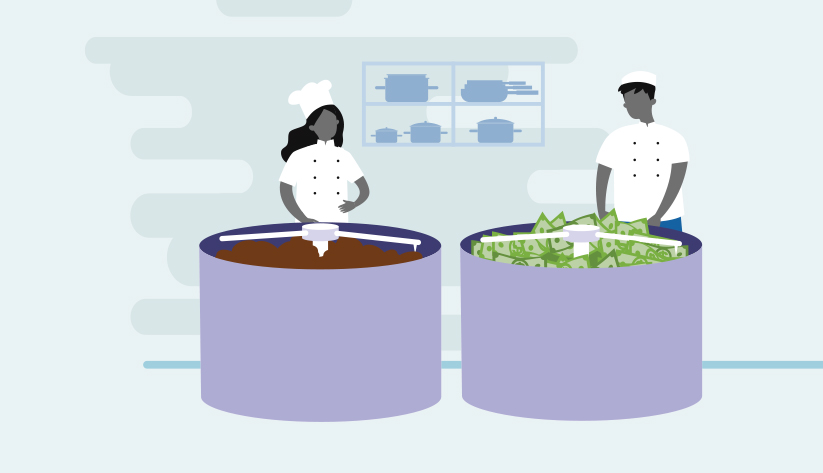 2 chefs next to vats one with chocolate the other with money bills