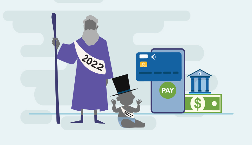 old year baby new year next to mobile, payment card, bank, and dollar