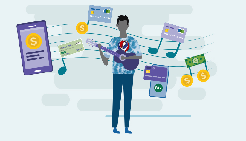 deadhead playing guitar with different payment methods overlain on music bar in background