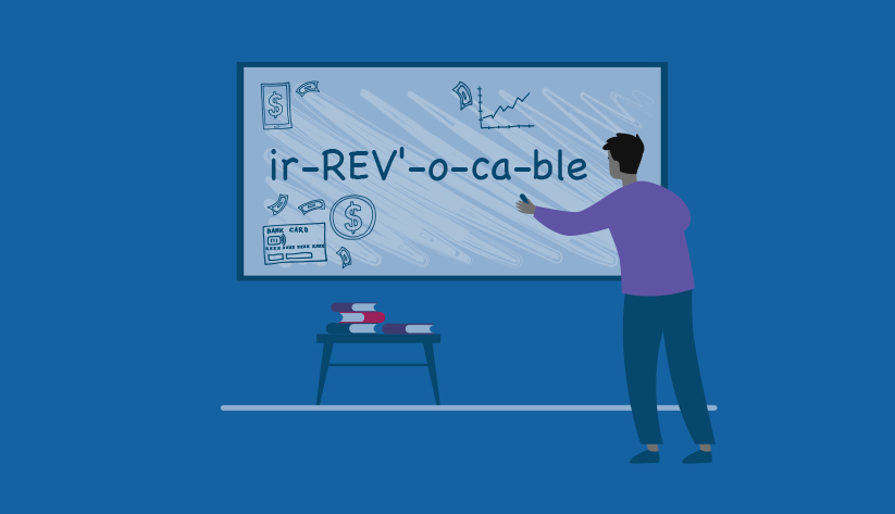 person writing word 'irrevocable' on a board ostensibly in front of a classroom