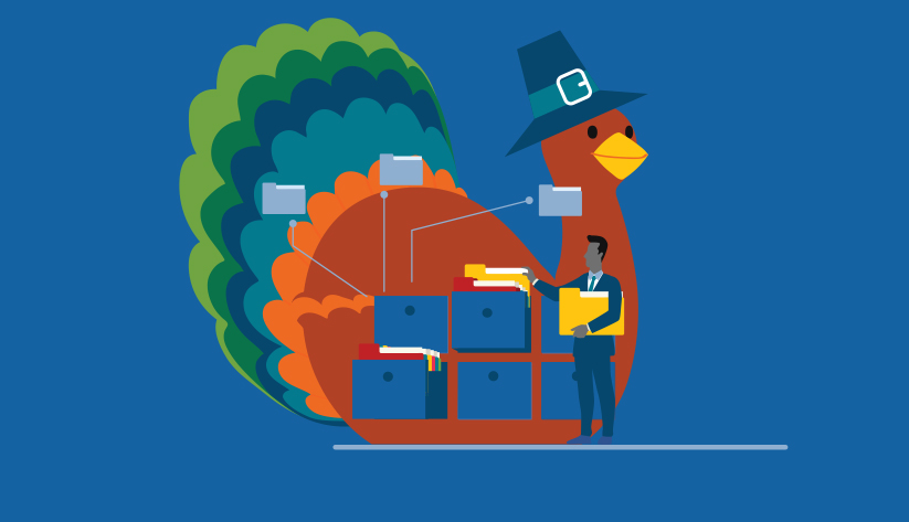 Illustration with thanksgiving turkey in the background. In the foreground, an individual holding a disproportionately large file in hand, pulling files from disembodied file cabinet drawers.