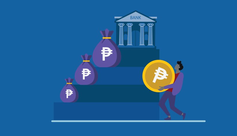 Illustration of a stepped pyramid structure topped with traditional bank in classical Greek style with a money bag on each step marked with peso symbol and a person carrying disproportionately large, in a burdened way, peso coin toward the structure.