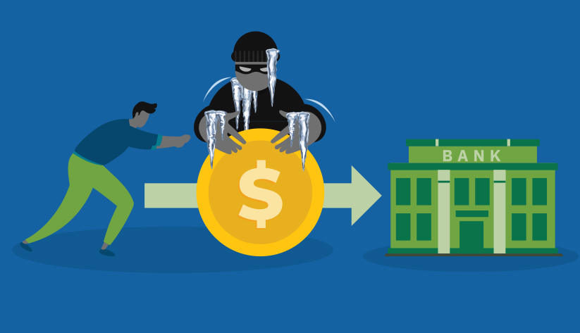  Illustration of arrow indicating workflow starting on left with person pushing to, next step, a person dressed as a thief with icicles dripping from them over large gold coin to the next step, a bank building.
