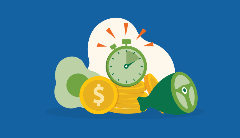 illustration of timer with emanata above it indicating it is going off above a pile of gold coins with green eggs and ham in foreground 