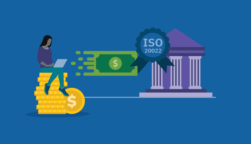 illustration person, with a laptop open, sitting atop a stack of disproportionately large gold coins with a dollar seemingly in flight heading toward a ribbon reading 'ISO 20022' in front of a classically Greek-columned building