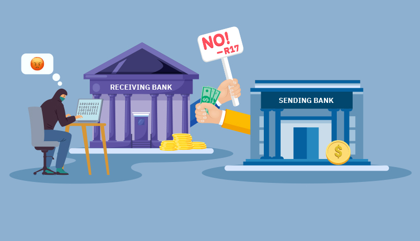 illustration of a masked person with thought bubble over them with a frown emoji one far left side of foreground, next to receiving bank holding out sign saying 'no! - r17' and coins at the base of its front column with the sending bank that is holding dollars.