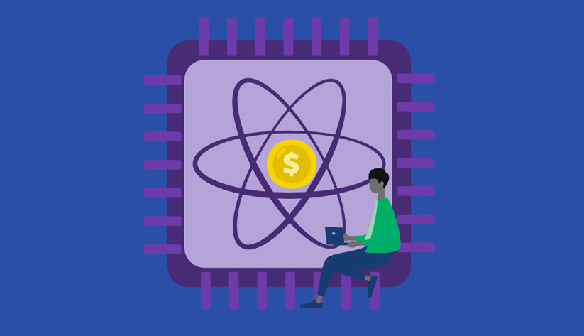 person seated with laptop in foreground with atomic symbol encircling gold coin with dollar sign on it in the background