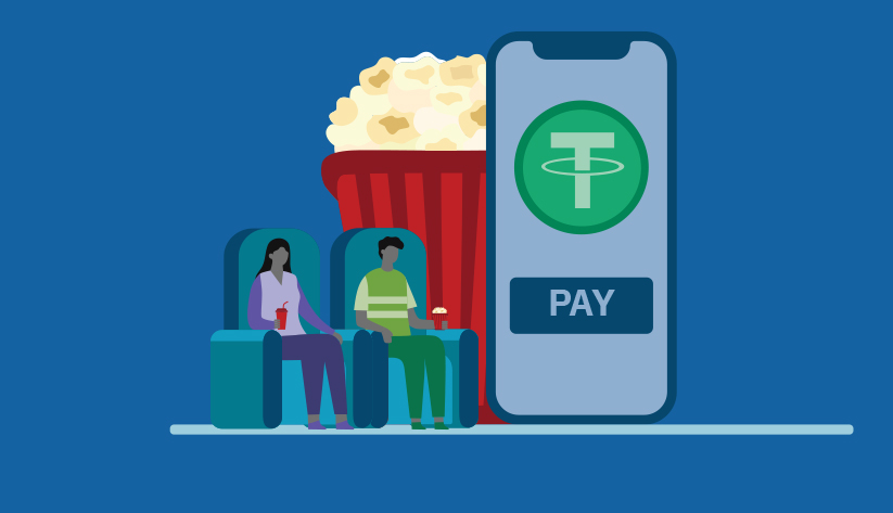 2 people sitting in apparent theater seats with disproportionately large popcorn in background and mobile device with stablecoin symbol on it in the foreground