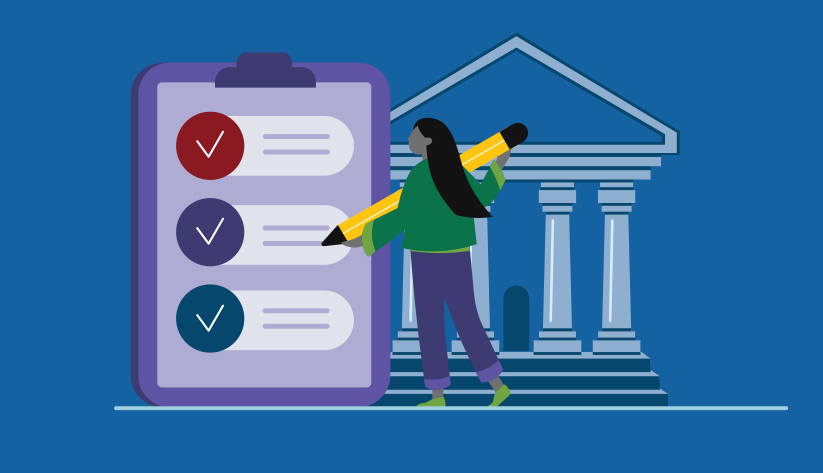 Illustration of a clipboard with items checked off representing a survey, with a female figure pointing at it and a building with columns representing a bank