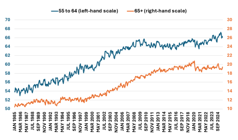 Figure 6: Labor Force Participation Rate: Ages 55 to 64 and 65+