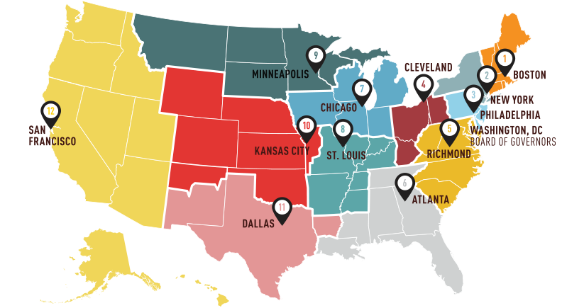 Map of US showing the location of each Federal Reserve Branch