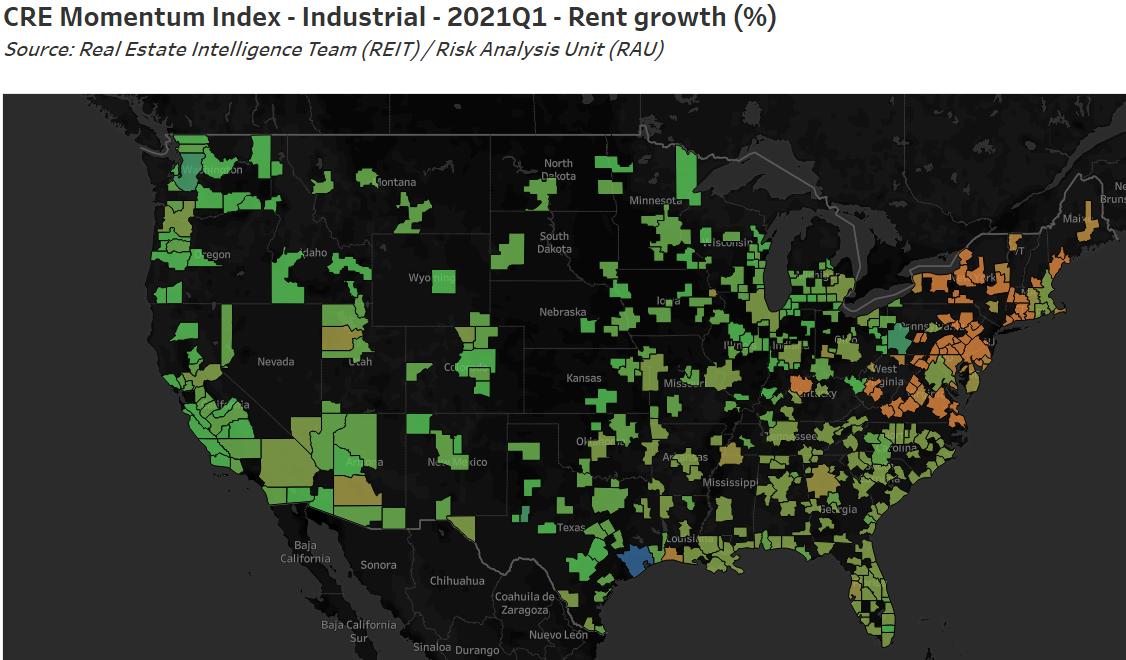 cre momentum index - industrial - 2021q1 - rent growth (%)