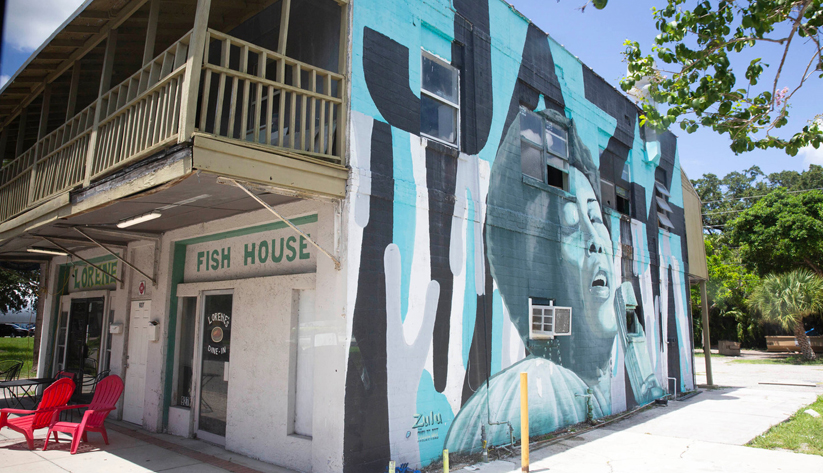 A mural depicting jazz legend Ella Fitzgerald at Lorene's Fish House in the Deuces neighborhood of south St. Petersburg, Florida