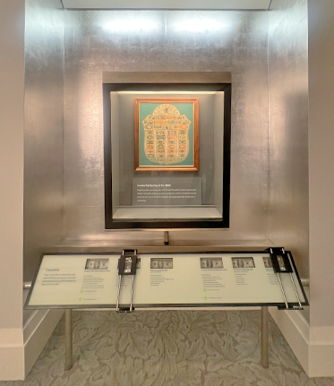 Museum counterfeit currency display.
