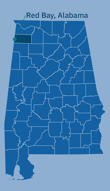Map of Alabama counties with highlight of Red Bay, Alabama