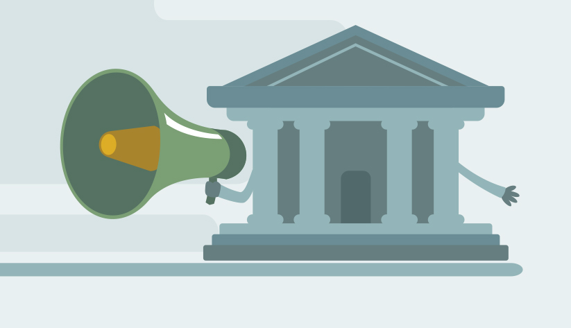 megaphone being held by anthropomorphized classical building