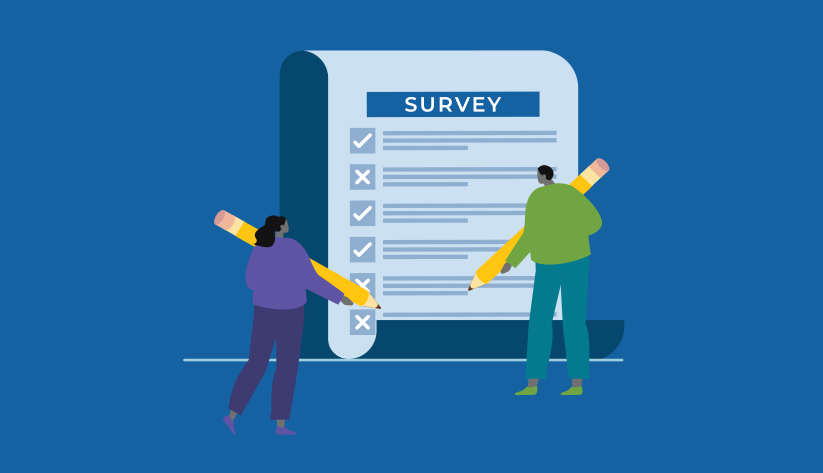 Illustration of a man and a woman holding large pencils standing in front of large paper with survey at the top