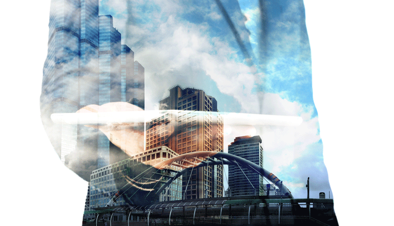 cityscape with bridge in foreground with transparent man overlaid