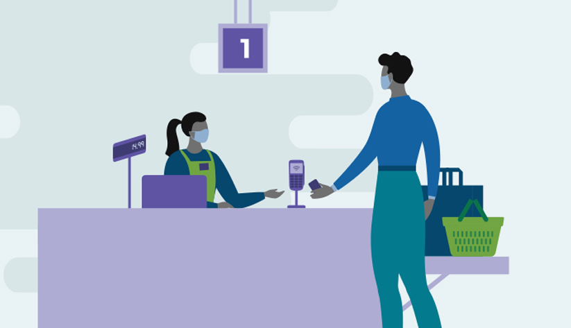 clerk and customer at retail checkout aisle