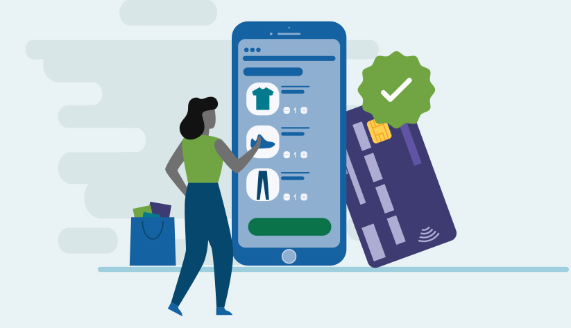 woman standing next to giant mobile phone and credit card