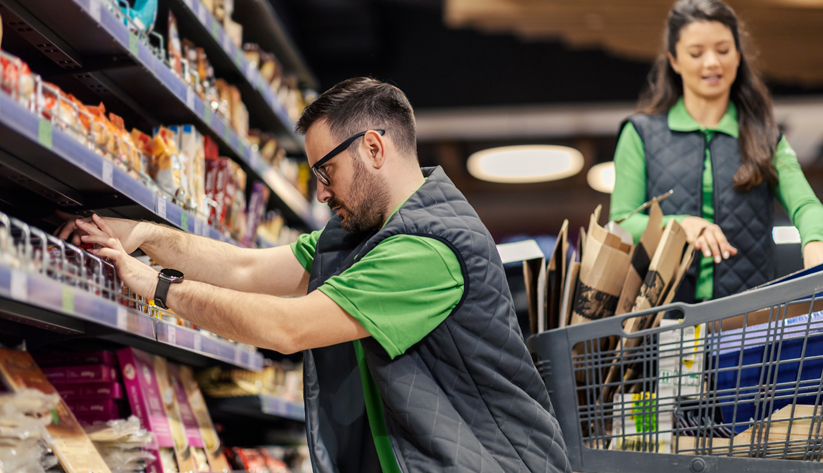 grocery store workers stock shelves