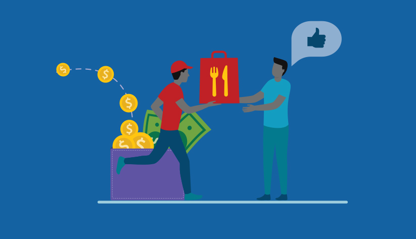 person running carrying shopping bag with fork and knife icons on it (in background, a wallet teaming with gold coins and paper bills) handing the bag to person with a thought bubble containing a thumbs up indicator