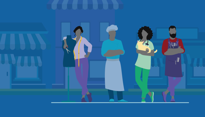 Illustration of people in front of apparent storefronts: includes tailor/seamstress, chef/cook, veterinarian/nurse, and possibly carpenter