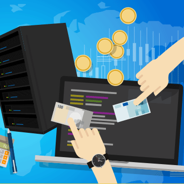 server tower and laptop screen with currency 