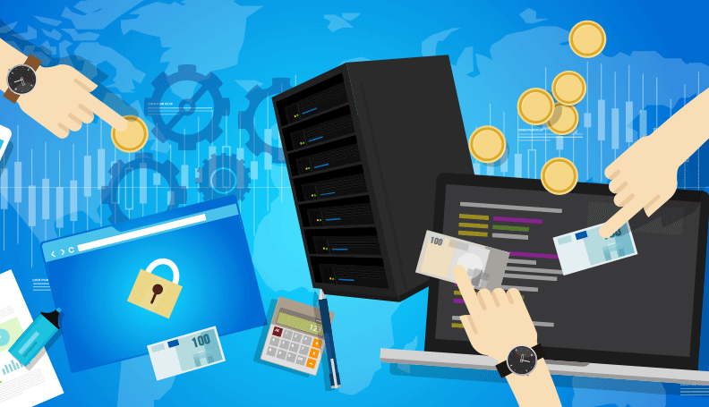 server tower and laptop screen with currency 