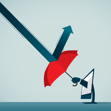 computer screen with umbrella protecting screen bouncing arrow off