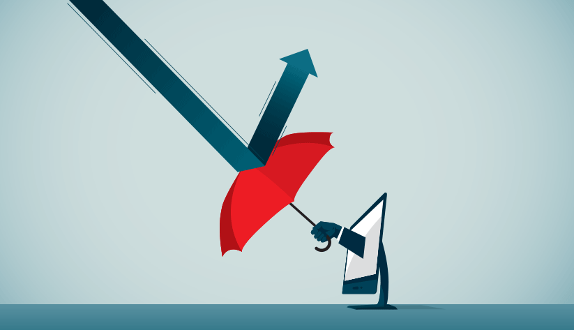 computer screen with umbrella protecting screen bouncing arrow off