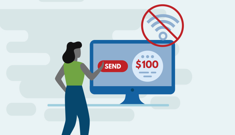 woman pressing send on large computer monitor with no wifi signal icon 