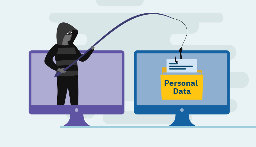 criminal holds fishing pole from one screen to another with personal data on hook