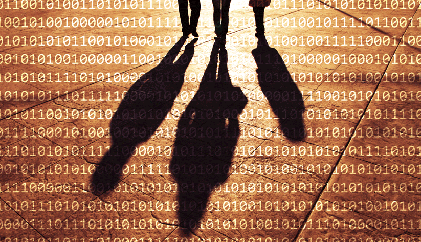 three human shadows cast over binary code