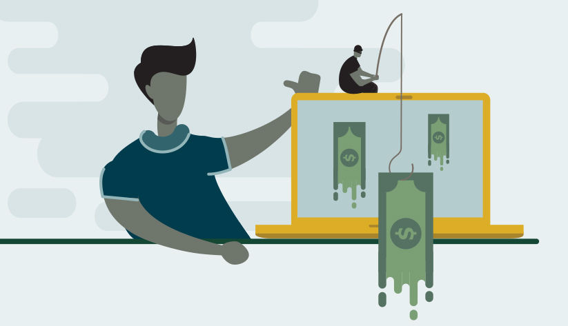 person presenting laptop with someone fishing using dripping dollar bills overlaying screen