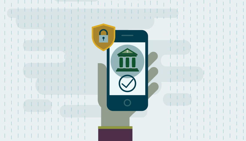 mobile phone in hand depicting bank with check mark overlay and secure shield