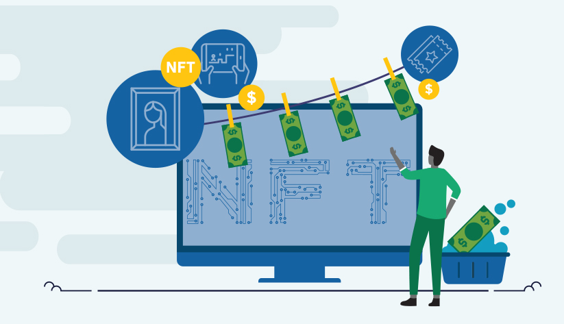 NFT on screen written in motherboard circuitry with money hanging to dry in foreground