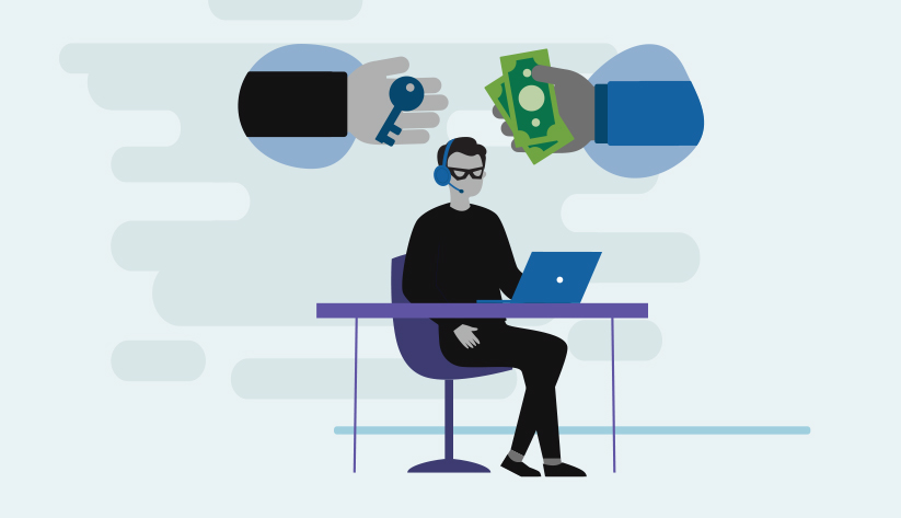 person sitting at a desk with laptop with hands exchanging money for key above him