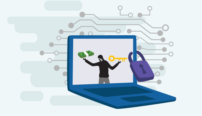 laptop displaying person balancing bills and key with padlock around computer edge