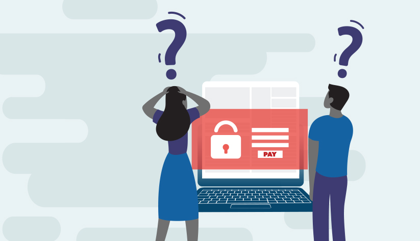 two people with question marks above heads looking at laptop screen displaying red padlock