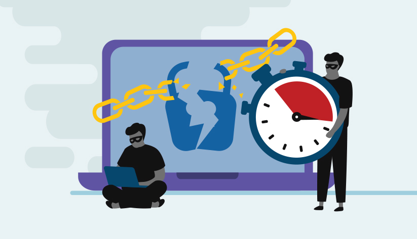two people in front of large laptop with chain link one holding timer other holding laptop