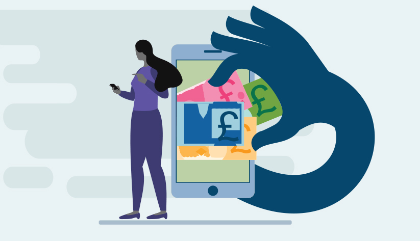 woman holding phone with large hand grabbing currency