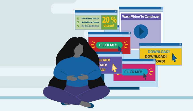 woman sitting cross legged with phishing and malware images floating behind them