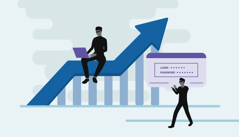 two people one holding laptop on large upwards arrow and other with authentication screen