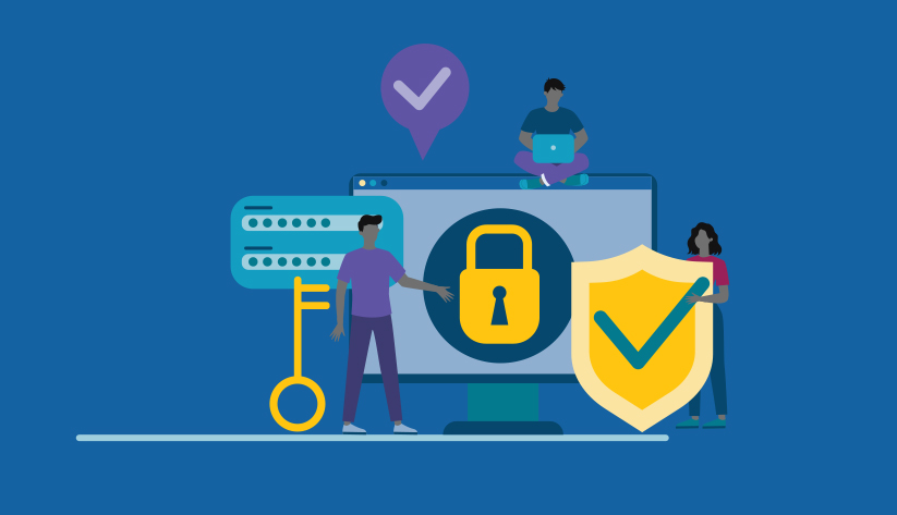 illustration of a collage of gold key, abstracted user name and password fields, gold lock, check mark against a badge and check mark in idea bubble with 3 people, one on a laptop