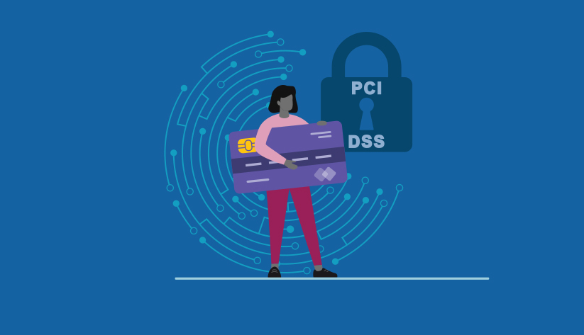 Illustration of a person in front of circular-shaped mother board graphic holding disproportionately large payments card in front of padlock with 'PCI' and 'DSS' on it.