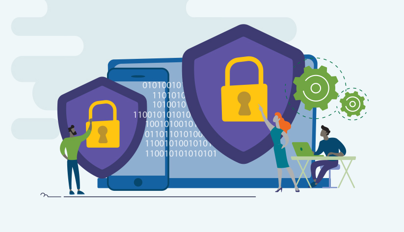 woman pointing at shield with lock in front of binary code over devices