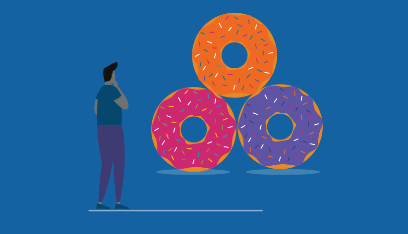 illustration of person seemingly perplexed looking at 3 disproportionately large donuts