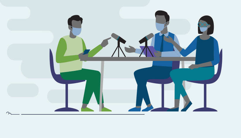people sitting around a table with masks on speaking into microphones