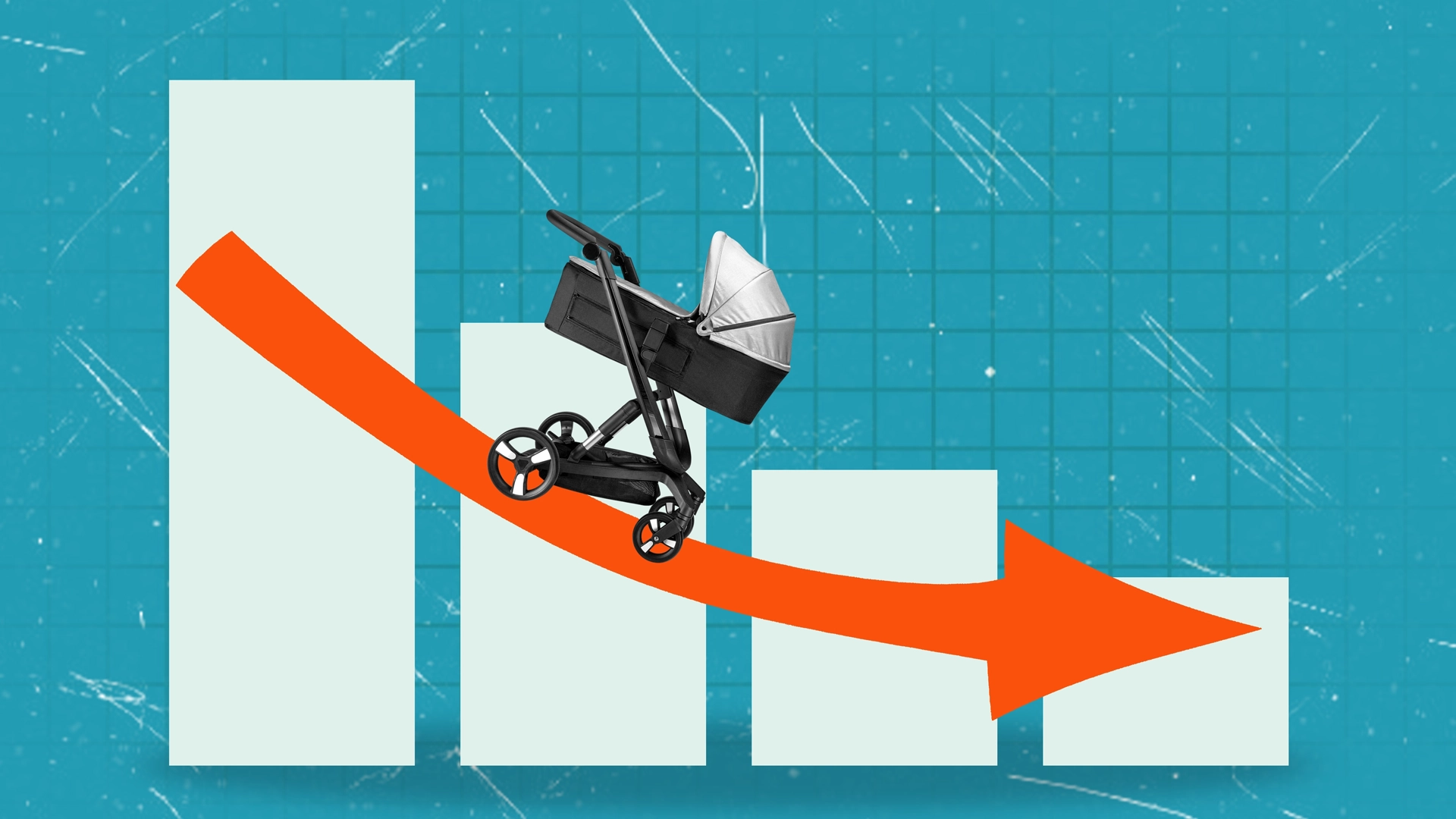 illustration of pram/baby carriage/stroller sliding down arrow indicating a decline on a bar chart